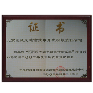 BXPON2002年度授予政府资助项目证书